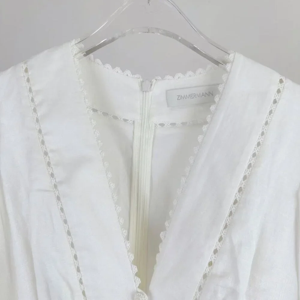 Romantic White Lace Dress: V - Neck, Puff Sleeves & Tiered Skirt - Picture 4 of 8